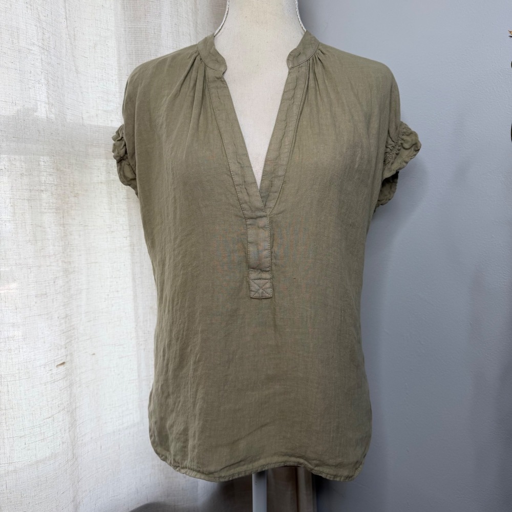 Anthropologie Pilcro Linen Ruffle‎ Sleeve V Neck Blouse Olive Green's Size Small